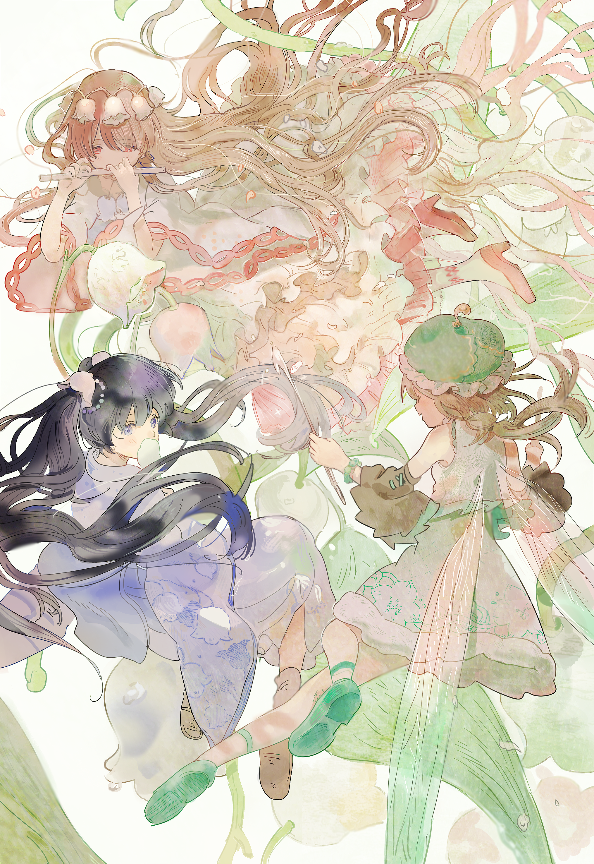 nengo, original, absurdres, check copyright, copyright request, highres, 3girls, anklet, back bow, bare shoulders, beads, black hair, blue bow, blue eyes, blue kimono, boots, bow, bracelet, brown boots, brown hair, brown sleeves, closed eyes, covering own mouth, detached sleeves, dress, expressionless, fairy, fairy wings, fan to mouth, floating, floating clothes, floating hair, floral background, floral print, flower, flute, frilled dress, frilled headwear, frilled shirt, frills, from behind, full body, fur-trimmed skirt, fur trim, green hat, green shirt, green shoes, green skirt, green wings, hair beads, hair ornament, hand fan, happy, hat, head wreath, high-waist skirt, high heels, holding, holding fan, instrument, japanese clothes, jewelry, kimono, lace, lace-trimmed shirt, lace-trimmed sleeves, lace trim, large bow, light blush, lily of the valley, long dress, long hair, long sleeves, low twintails, medium skirt, mob cap, multiple girls, music, open mouth, outstretched leg, pink shoes, playing flute, playing instrument, pointy nose, print skirt, print sleeves, pumps, shirt, shoes, skirt, skirt set, sleeveless, sleeveless shirt, smile, socks, transparent wings, twintails, very long hair, wavy hair, white background, white dress, white flower, white socks, wide sleeves, wings, yukata