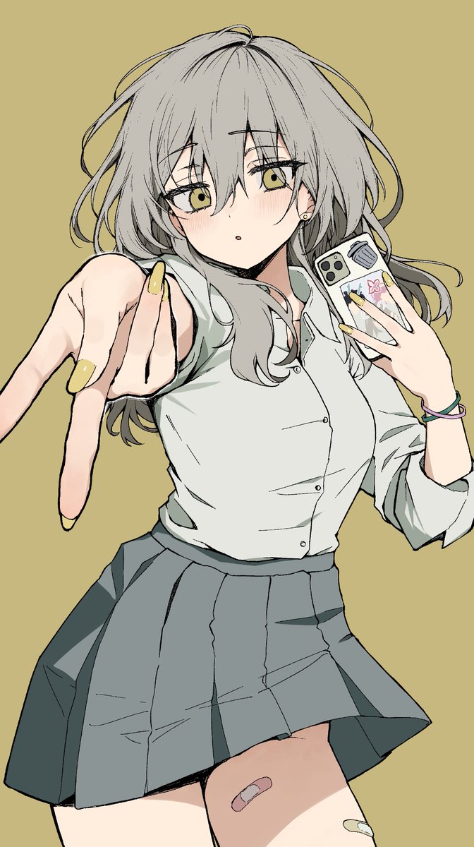 pinponpaaru, stelle (honkai: star rail), trailblazer (honkai: star rail), honkai: star rail, honkai (series), commentary request, highres, 1girl, alternate costume, bandaid, bandaid on leg, bracelet, cellphone, collared shirt, cowboy shot, earrings, grey hair, grey skirt, hair between eyes, holding, holding phone, jewelry, long hair, looking at viewer, nail polish, parted lips, phone, pleated skirt, school uniform, shirt, shirt tucked in, simple background, skirt, smartphone, solo, stud earrings, v, white shirt, yellow background, yellow nails