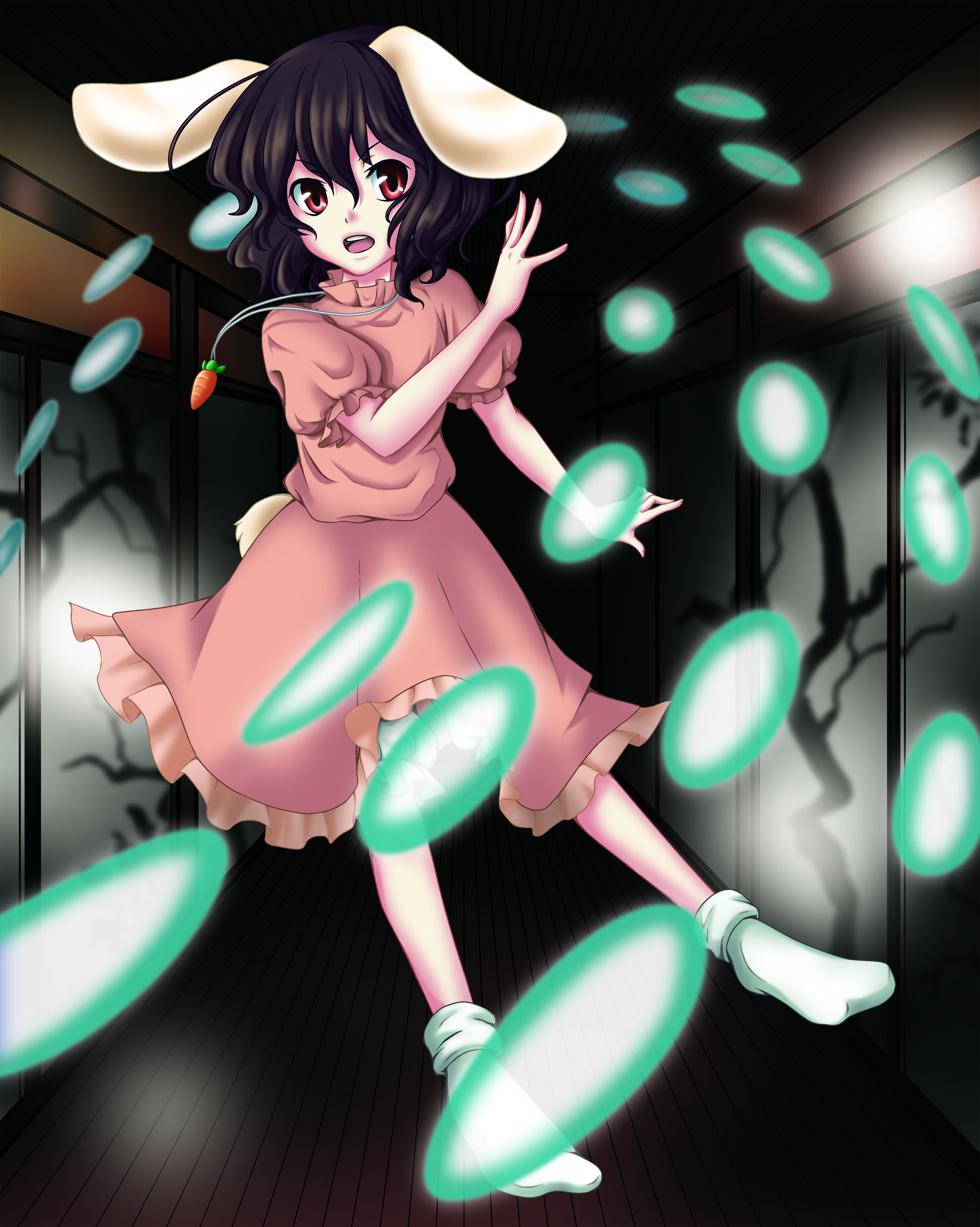 robiari, inaba tewi, imperishable night, touhou, absurdres, bad id, bad pixiv id, highres, 1girl, animal ears, black hair, danmaku, female focus, rabbit ears, red eyes, short hair, socks, solo, tail