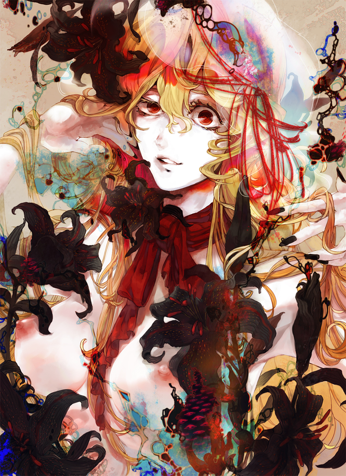 yukizen, yakumo yukari, touhou, bad id, bad pixiv id, 1girl, black nails, blonde hair, breasts, crazy eyes, female focus, flower, gap (touhou), hat, long hair, nail polish, nipples, pale skin, red eyes, scarf, smile, solo, topless female
