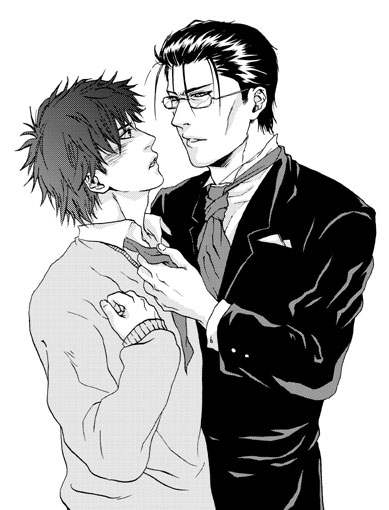 sagara sanosuke, saitou hajime, rurouni kenshin, 2boys, black hair, glasses, male focus, monochrome, multiple boys, teacher, white background, yaoi