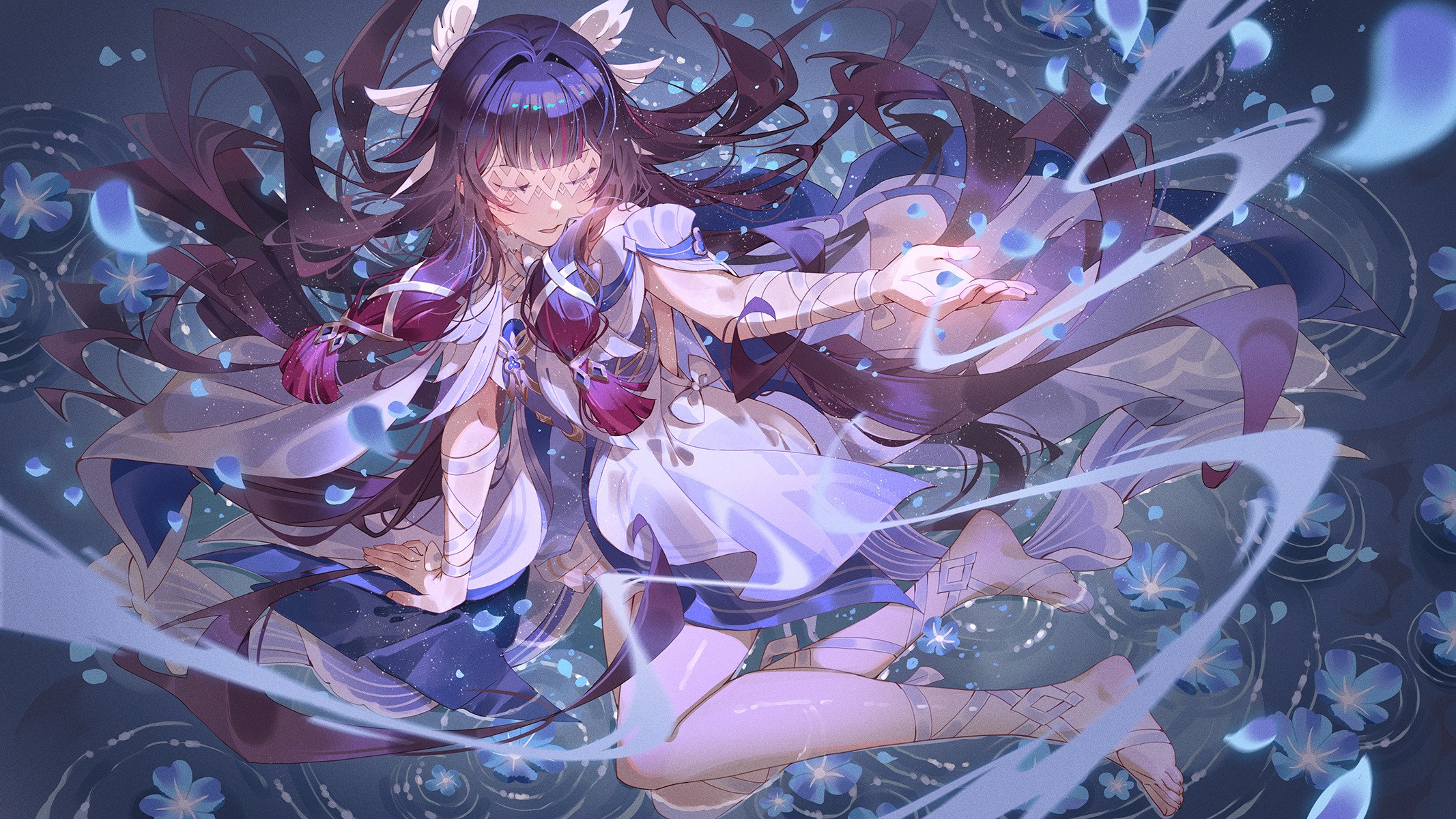 felicia chen, columbina (genshin impact), genshin impact, commentary, english commentary, highres, 1girl, barefoot, black hair, blue flower, blue petals, closed eyes, dress, eye mask, falling petals, flower, gradient hair, hair intakes, hair ribbon, head wings, long hair, mask, multicolored hair, open mouth, petals, purple hair, ribbon, sitting, solo, very long hair, water, white dress, white ribbon, white wings, wings, yokozuwari