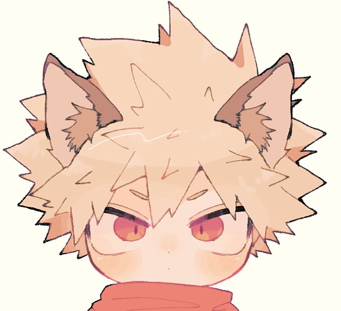 tm tm g, bakugou katsuki, boku no hero academia, commentary request, 1boy, animal ear fluff, animal ears, blonde hair, blush, closed mouth, dot mouth, dot nose, double-parted bangs, hair between eyes, kemonomimi mode, looking at viewer, male focus, portrait, red eyes, short hair, simple background, solo, spiked hair, white background