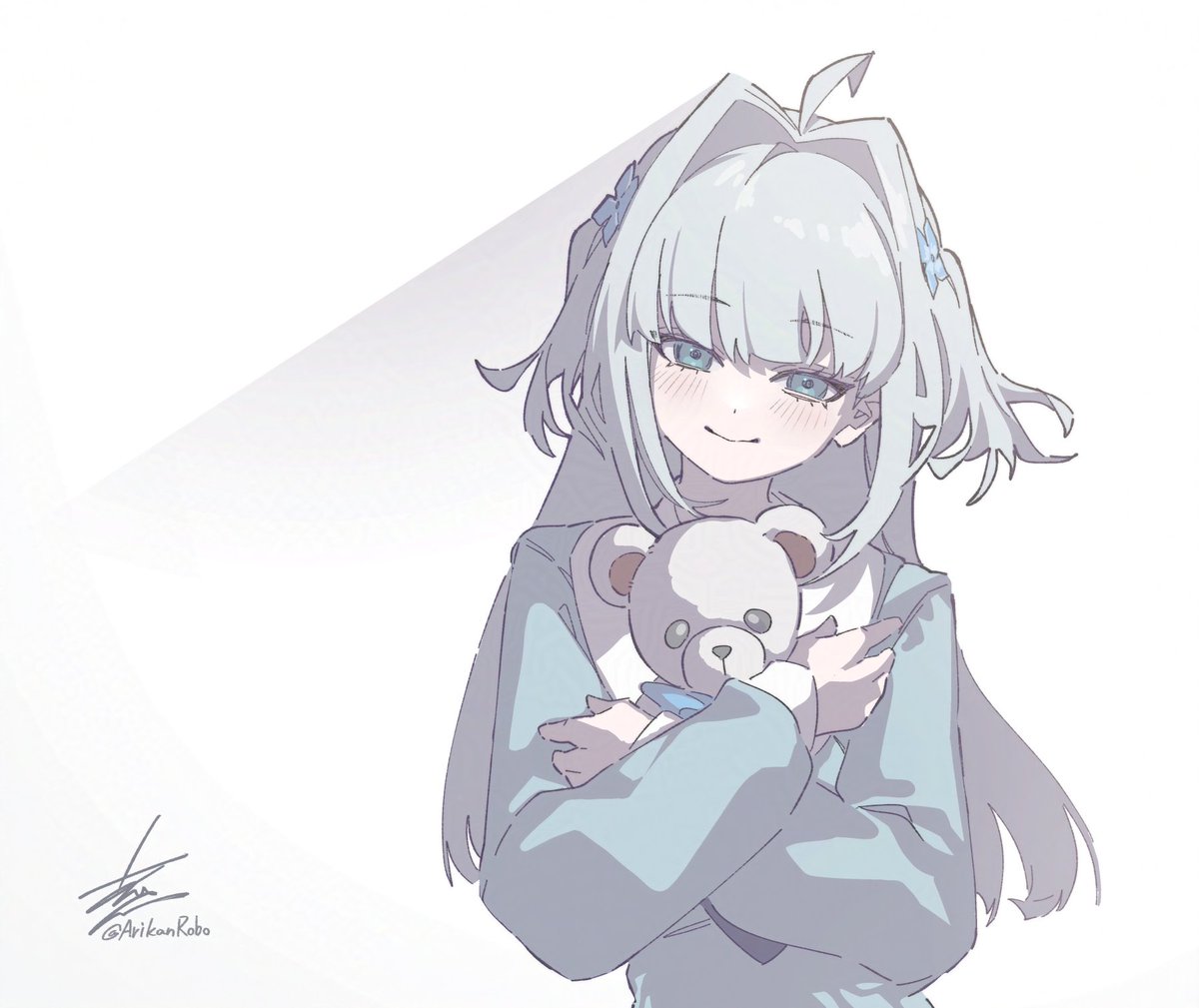 arikanrobo, commentary request, 1girl, ahoge, blue flower, blue shirt, closed mouth, eyelashes, flower, grey hair, hair flower, hair intakes, hair ornament, imouto tasha paranoia, long hair, long sleeves, looking at viewer, sahana (imouto tasha paranoia), shirt, signature, smile, solo, stuffed animal, stuffed toy, teddy bear, twitter username, two side up, upper body