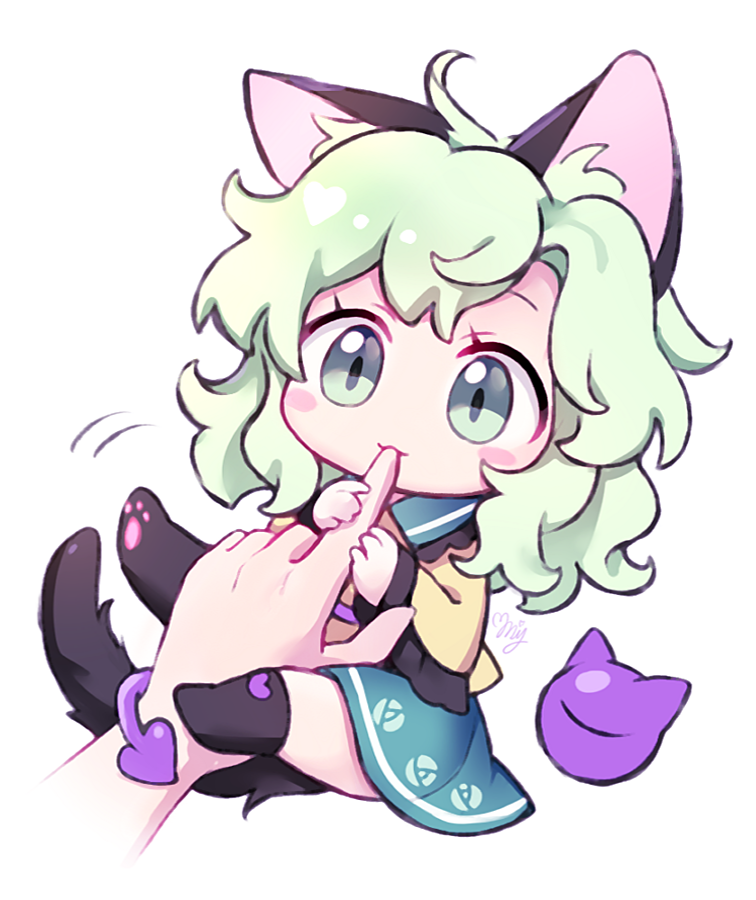 miy 001, komeiji koishi, touhou, biting finger, commentary, 1girl, 1other, animal ears, biting, black boots, boots, cat ears, cat girl, cat tail, chibi, collared shirt, eyeball, frilled shirt collar, frilled sleeves, frills, green eyes, green hair, green skirt, kemonomimi mode, long sleeves, no headwear, shirt, signature, simple background, skirt, tail, third eye, white background, wide sleeves, yellow shirt