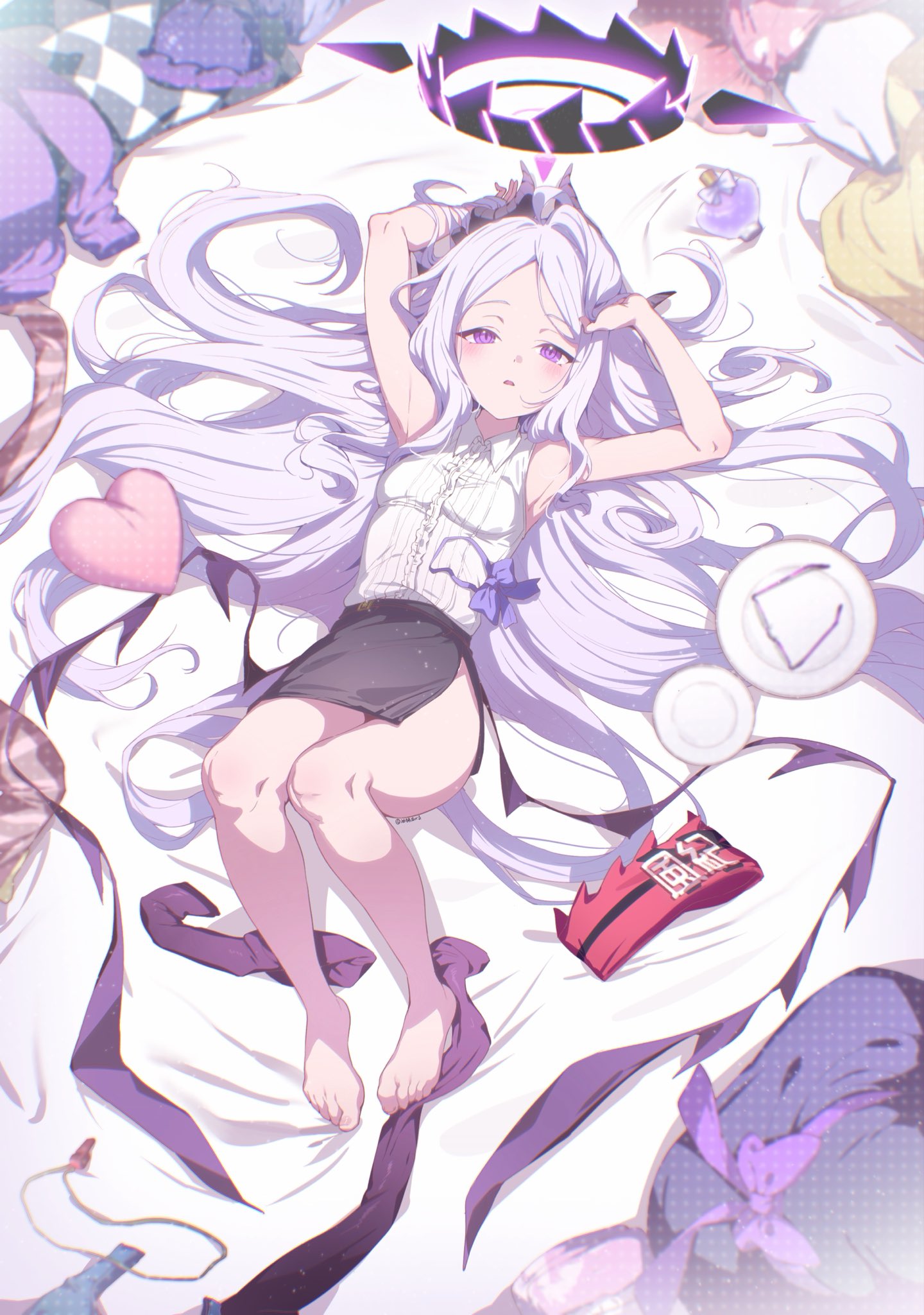 youguo naberu, hina (blue archive), hina (dress) (blue archive), hina (pajamas) (blue archive), hina (swimsuit) (blue archive), blue archive, commentary request, highres, 1girl, ahoge, armband, black halo, black skirt, breasts, demon girl, demon horns, demon wings, dress, halo, horns, jacket, long hair, looking at viewer, low wings, lying, old school swimsuit, pajamas, pink pajamas, polka dot, polka dot pajamas, purple dress, purple eyes, red armband, school swimsuit, skirt, small breasts, solo, swimsuit, very long hair, white hair, wings, yellow jacket