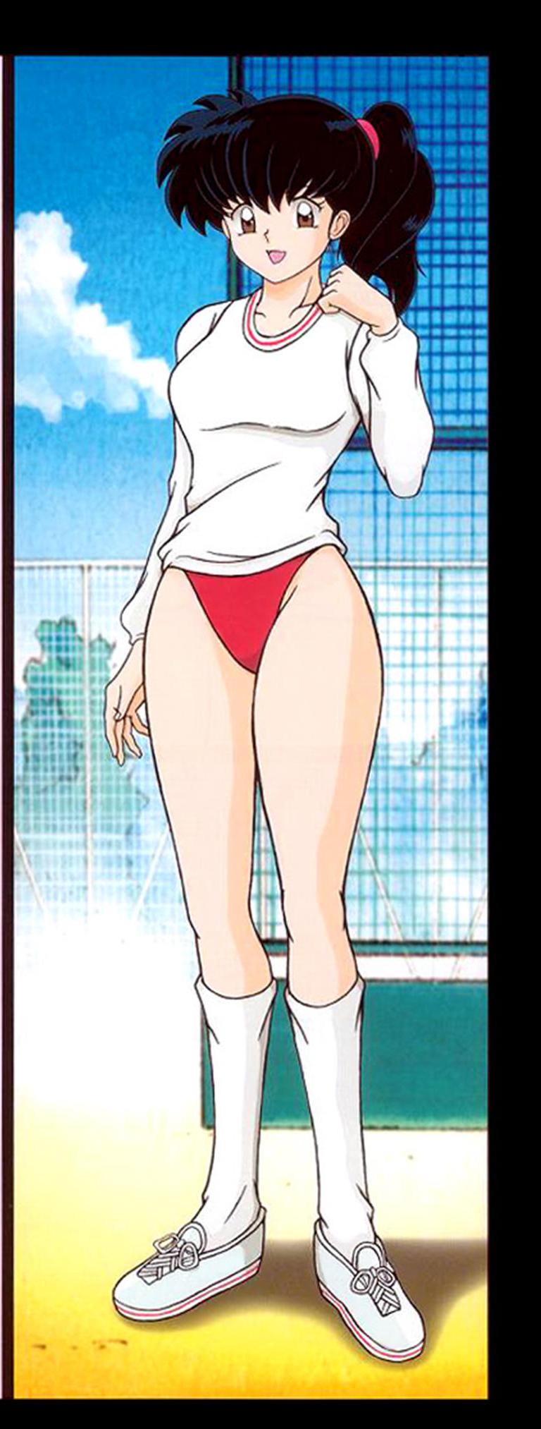 higurashi kagome, inuyasha, highres, tagme, 1girl, black hair, brown eyes, buruma, female focus, full body, legs, long hair, outdoors, ponytail, sky, solo