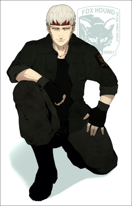 foxhound, gobeur, gray fox (metal gear), metal gear (series), metal gear 2: solid snake, 1boy, bandana, boots, combat boots, fingerless gloves, full body, gloves, grey hair, headband, kneeling, logo, male focus, military, military uniform, on one knee, short hair, simple background, soldier, solo