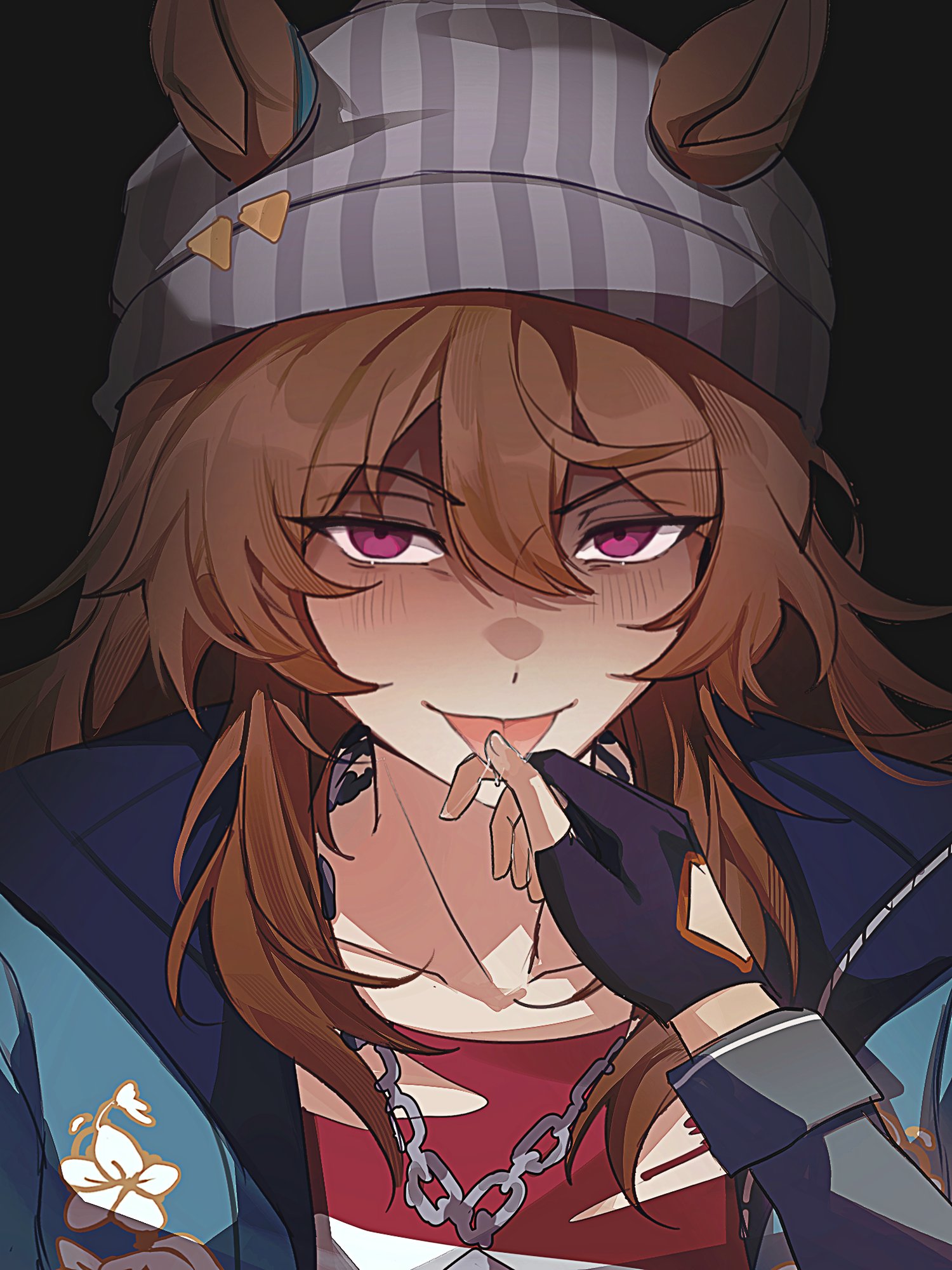 jenn (sinclairfan1), nakayama festa (shichuukyuukatsu) (umamusume), nakayama festa (umamusume), sirius symboli (feroce) (umamusume), sirius symboli (umamusume), umamusume, hashtag-only commentary, highres, 2girls, animal ears, beanie, black background, black gloves, blue jacket, brown hair, chain, chain necklace, collarbone, ears through headwear, female pov, fingerless gloves, gloves, grey hat, hair between eyes, hat, holding another's tongue, horse ears, horse girl, jacket, jewelry, long hair, looking at viewer, multiple girls, necklace, portrait, pov, purple eyes, shaded face, tongue, tongue out, yuri