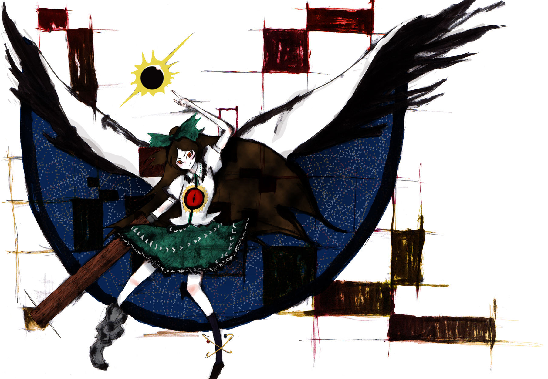 reiuji utsuho, touhou, highres, 1girl, arm cannon, asymmetrical clothes, brown hair, cape, female focus, ponytail, red eyes, solo, weapon, wings
