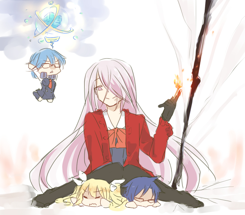 201 (yield), arimura hinae, kazuki hana, miyashiro takuru, chaos;child, science adventure, commentary request, tagme, alternate costume, black gloves, chest bow, chibi, crushing, evil smile, fire, gloves, haida riko, pantyhose, pink eyes, pink hair, pyrokinesis, sailor collar, smile, smug