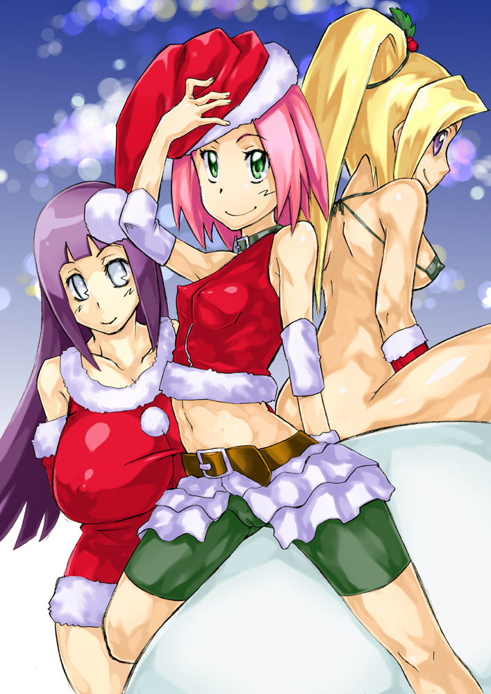 sahara wataru, haruno sakura, hyuuga hinata, yamanaka ino, naruto (classic), naruto (series), alternate breast size, 3girls, abs, bike shorts, bikini, bikini top only, black hair, blonde hair, breasts, christmas, covered erect nipples, feet, female focus, green eyes, hand up, huge breasts, long hair, medium breasts, medium hair, midriff, multiple girls, navel, no panties, pink hair, ponytail, purple eyes, santa costume, shorts, small breasts, smile, snow, stomach, swimsuit, toned, toned female, white eyes