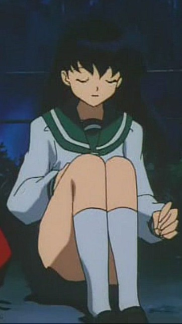 higurashi kagome, inuyasha, screencap, anime screenshot, black hair, censored, convenient censoring, legs, long hair, miniskirt, school uniform, skirt, thighs