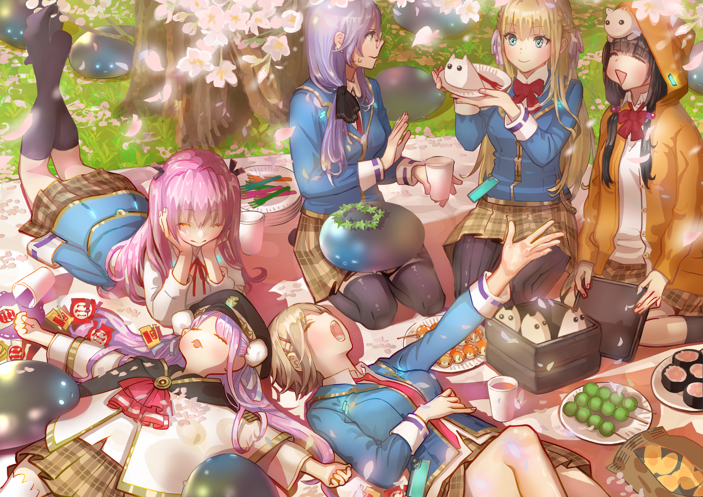 noridraw, aikawa megumi, asakura karen (heaven burns red), izumi yuki (heaven burns red), kayamori ruka, kunimi tama, toujou tsukasa, heaven burns red, commentary request, highres, 6+girls, black hair, blonde hair, blue eyes, brown hair, cherry blossoms, dango, food, fork, green eyes, grey hair, gun, holding, long hair, lying, multiple girls, narby (heaven burns red), on back, picnic, picnic blanket, pink eyes, pink hair, red eyes, school uniform, short hair, tree, wagashi, weapon