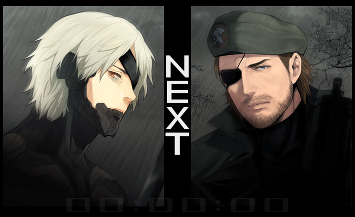 gobeur, big boss, raiden (metal gear), metal gear (series), metal gear solid, bad deviantart id, bad id, 2boys, beard, cyborg, eyepatch, facial hair, male focus, multiple boys