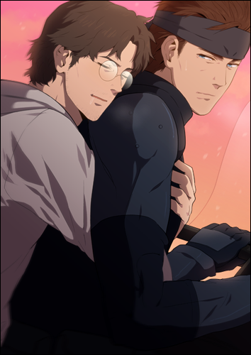 gobeur, hal emmerich, solid snake, metal gear (series), metal gear solid, bad deviantart id, bad id, lowres, spoilers, 2boys, drooling, from behind, hug, hug from behind, male focus, manly, multiple boys, sleeping, snowmobile
