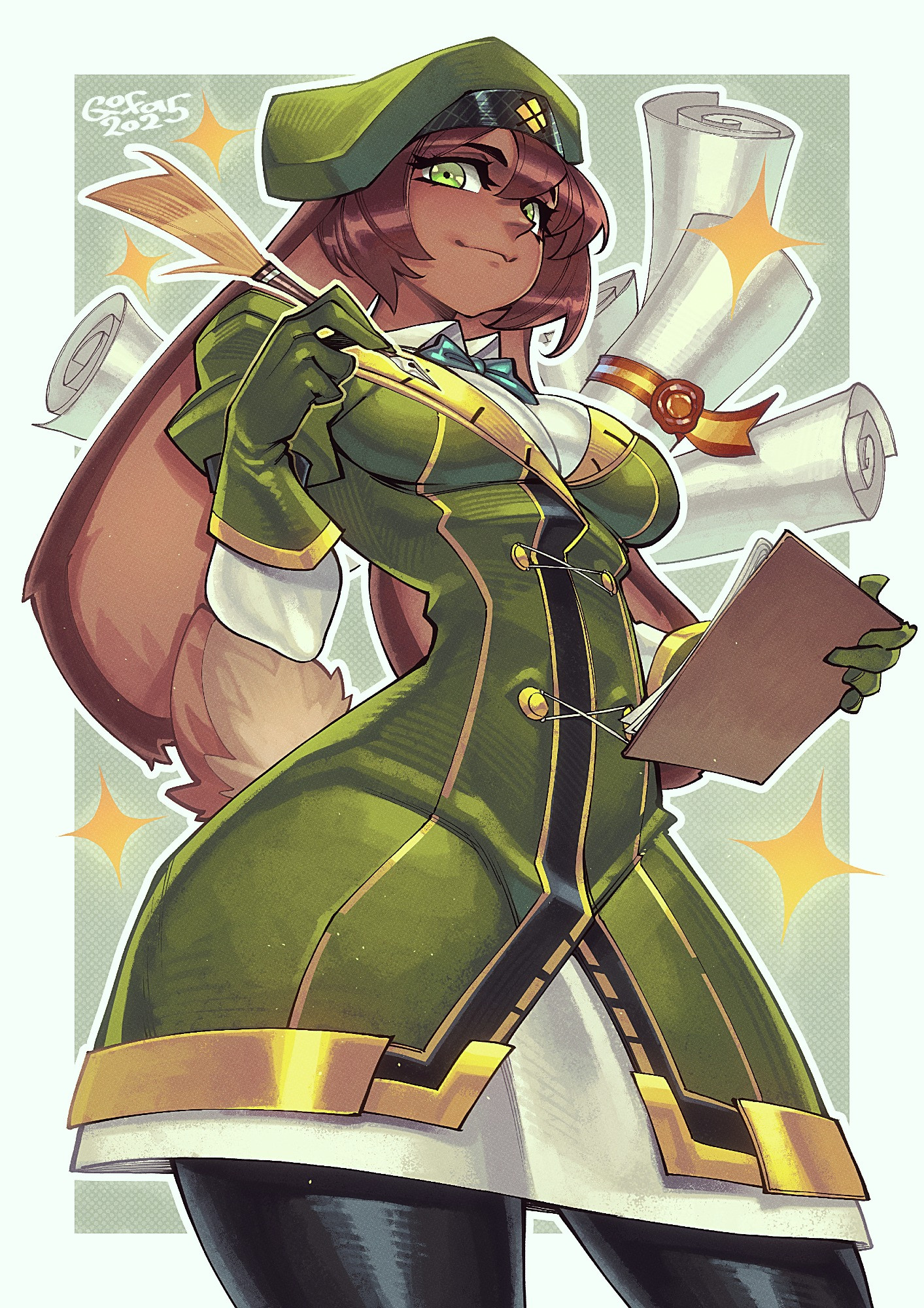 bumblesteak, gofa, original, highres, non-web source, 1girl, animal ears, artist name, ass, blush, brown hair, buttons, dark-skinned female, dark skin, gloves, green eyes, green gloves, nose, quill, rabbit ears, rabbit girl, rabbit tail, simple background, tail