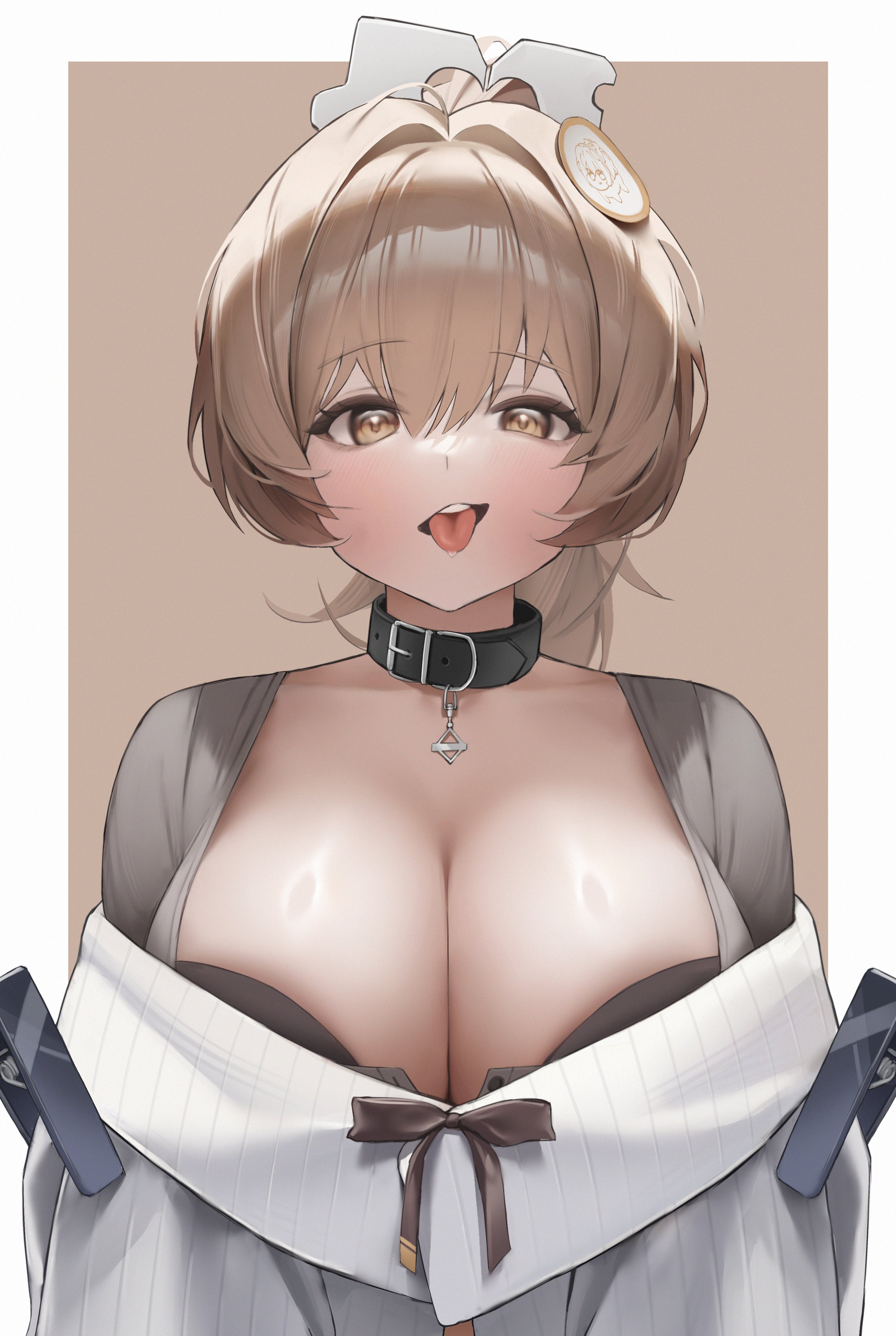 hundred0327, bready (frosty bite) (nikke), bready (nikke), goddess of victory: nikke, absurdres, commentary, english commentary, highres, 1girl, belt collar, border, breasts, brown eyes, brown hair, cleavage, collar, jacket, large breasts, looking at viewer, official alternate costume, official alternate hairstyle, outside border, solo, tongue, tongue out, upper body, white border, white jacket
