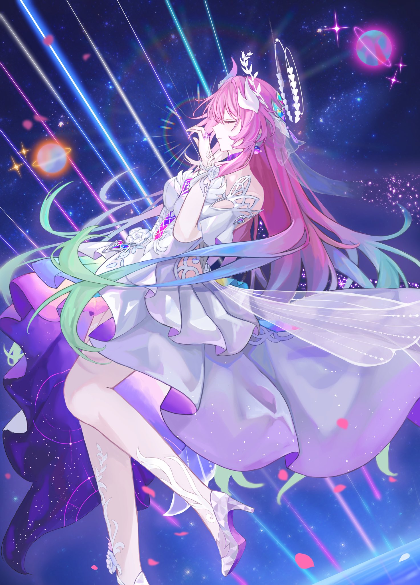 cyrene (demiurge) (honkai: star rail), cyrene (honkai: star rail), honkai: star rail, honkai (series), hashtag-only commentary, highres, 1girl, 77 tarte, aqua hair, breasts, closed eyes, dress, earrings, gradient hair, halo, high heels, jewelry, long hair, medium breasts, multicolored hair, pink hair, planet, planetary ring, pointy ears, solo, space, star (sky), two-tone hair, very long hair, white dress