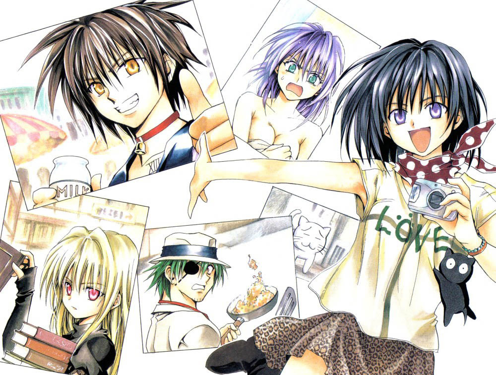 yabuki kentarou, eve (black cat), kirisaki kyouko, rinslet walker, sven vollfied, train heartnet, black cat (series), 00s, 2boys, 3girls, black hair, blonde hair, blue eyes, book, breasts, brown hair, camera, cat, cooking, goth fashion, happy, hat, large breasts, long hair, milk, multiple boys, multiple girls, orange eyes, photo (object), purple eyes, purple hair, red eyes, short hair