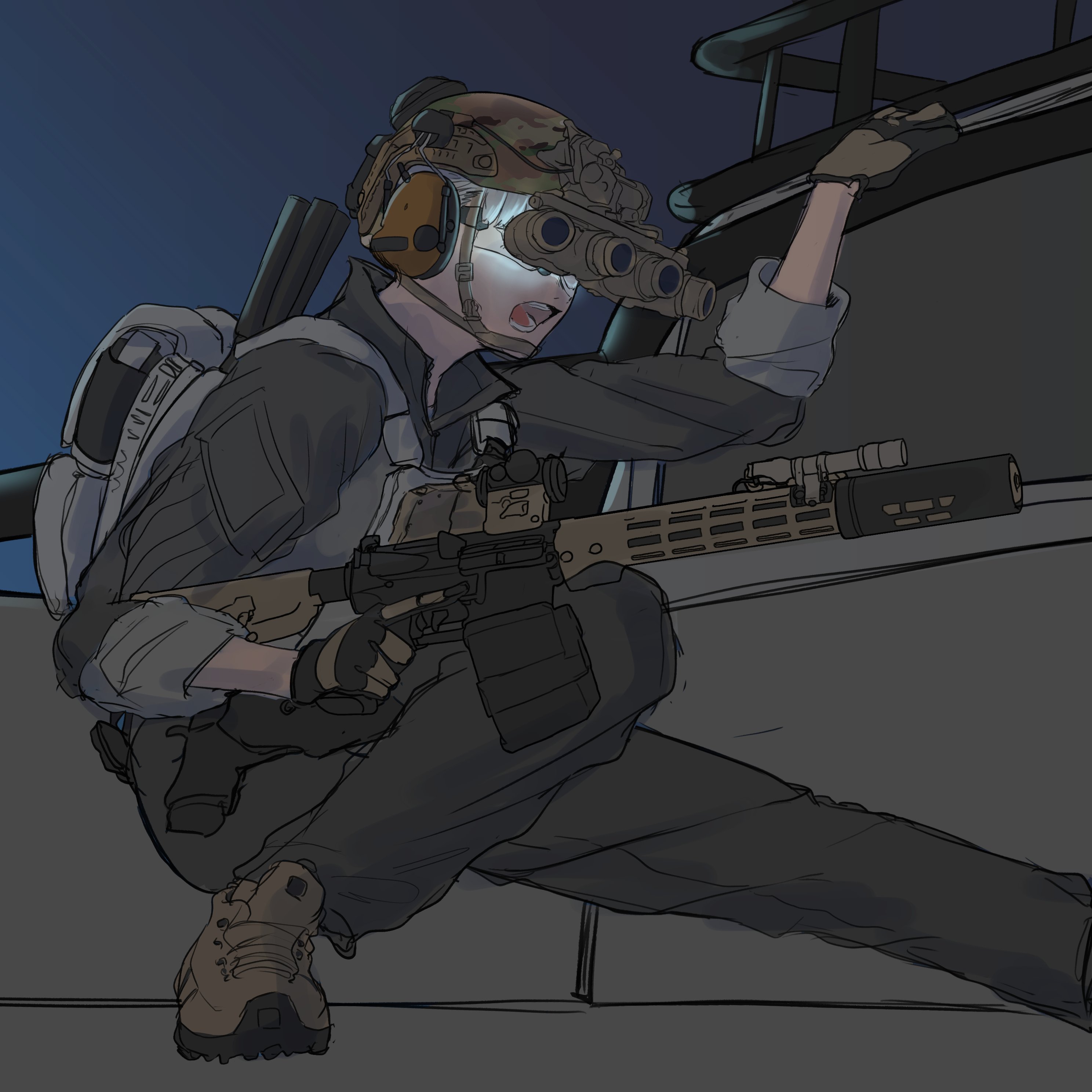 lauging man (shun a t i o), original, absurdres, commentary request, highres, 1girl, aimpoint, ammunition pouch, ar-15, assault rifle, body armor, boots, bulletproof vest, combat helmet, drum magazine, ear protection, fast helmet, flashlight, gloves, grey hair, gun, handgun, helmet, holding, holding gun, holding weapon, holster, load bearing equipment, load bearing vest, magazine (weapon), military combat uniform, military operator, military uniform, night vision device, optical sight, pouch, rifle, sleeves rolled up, squatting, suppressor, tactical clothes, trigger discipline, weapon