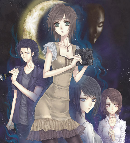yusa tk74, asou misaki, kirishima choushiro, minazuki ruka, tsukimori madoka, fatal frame, fatal frame: mask of the lunar eclipse, 1boy, 3girls, bellows camera, black hair, blue eyes, brown eyes, brown hair, camera, dress, everyone, green eyes, lantern, mask, moon, multiple girls, short hair