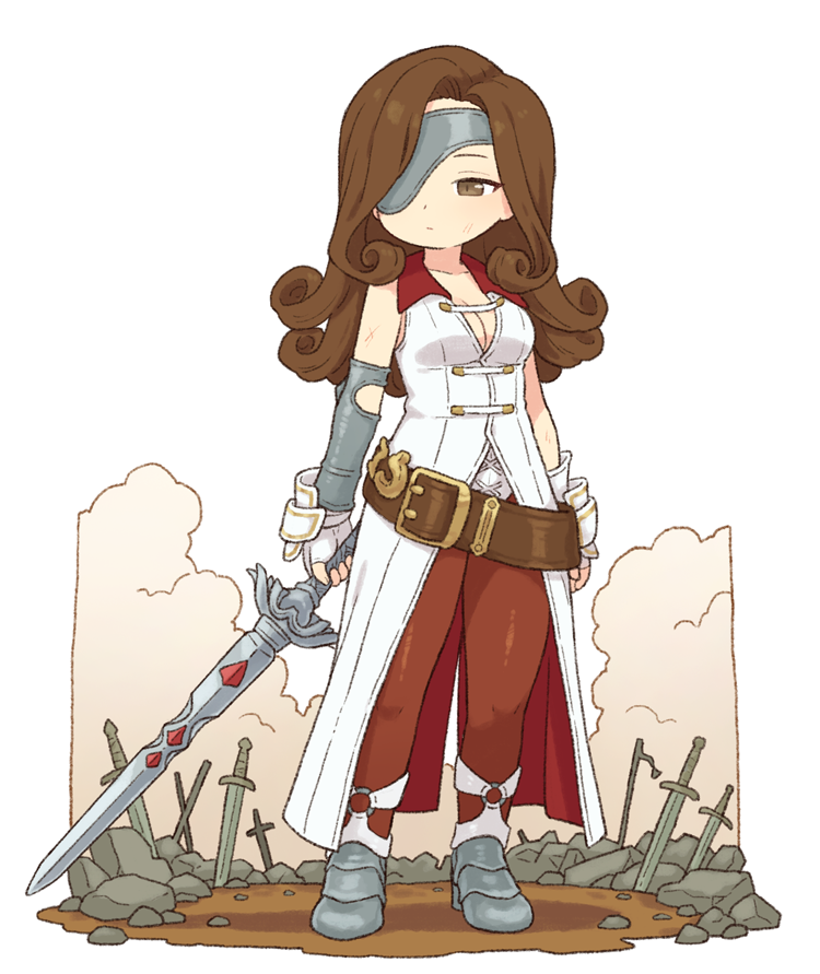 onyhakase, beatrix (ff9), final fantasy, final fantasy ix, commentary, 1girl, belt, breasts, brown belt, brown eyes, brown hair, cleavage, closed mouth, eyepatch, full body, gloves, holding, holding sword, holding weapon, long hair, medium breasts, solo, standing, sword, weapon