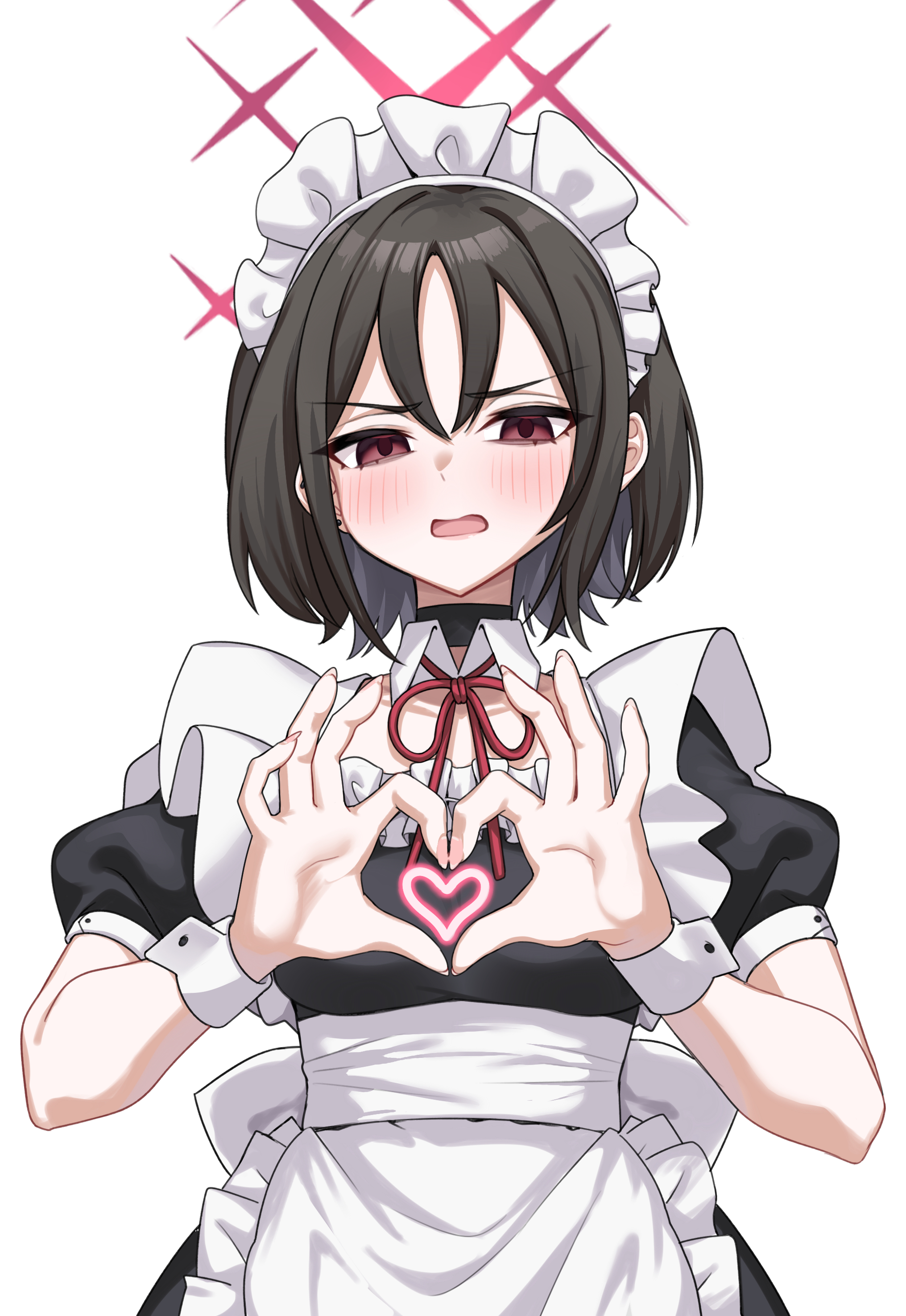 ivan wang, misaki (blue archive), blue archive, absurdres, commentary request, highres, 1girl, alternate costume, apron, black choker, black dress, blush, brown hair, choker, detached collar, dress, ear piercing, enmaided, halo, heart, heart hands, looking at viewer, maid, maid apron, maid headdress, neck ribbon, open mouth, peanut mouth, piercing, puffy short sleeves, puffy sleeves, red eyes, red halo, ribbon, short hair, short sleeves, simple background, solo, straight-on, upper body, white apron, white background, wrist cuffs
