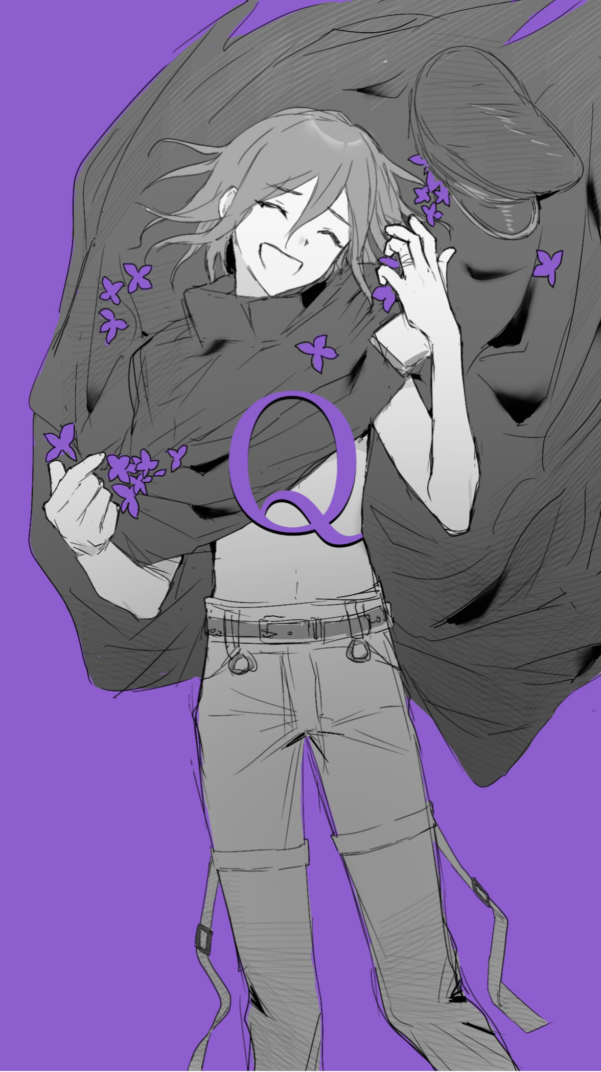 oma kokichi, danganronpa (series), danganronpa v3: killing harmony, q (vocaloid), commentary, highres, 1boy, cape, closed eyes, flipped hair, greyscale with colored background, hair between eyes, happy, hat, long sleeves, male focus, medicinez00, military hat, open mouth, pants, peaked cap, purple background, short hair, simple background, smile, solo, thigh strap, unworn hat, unworn headwear