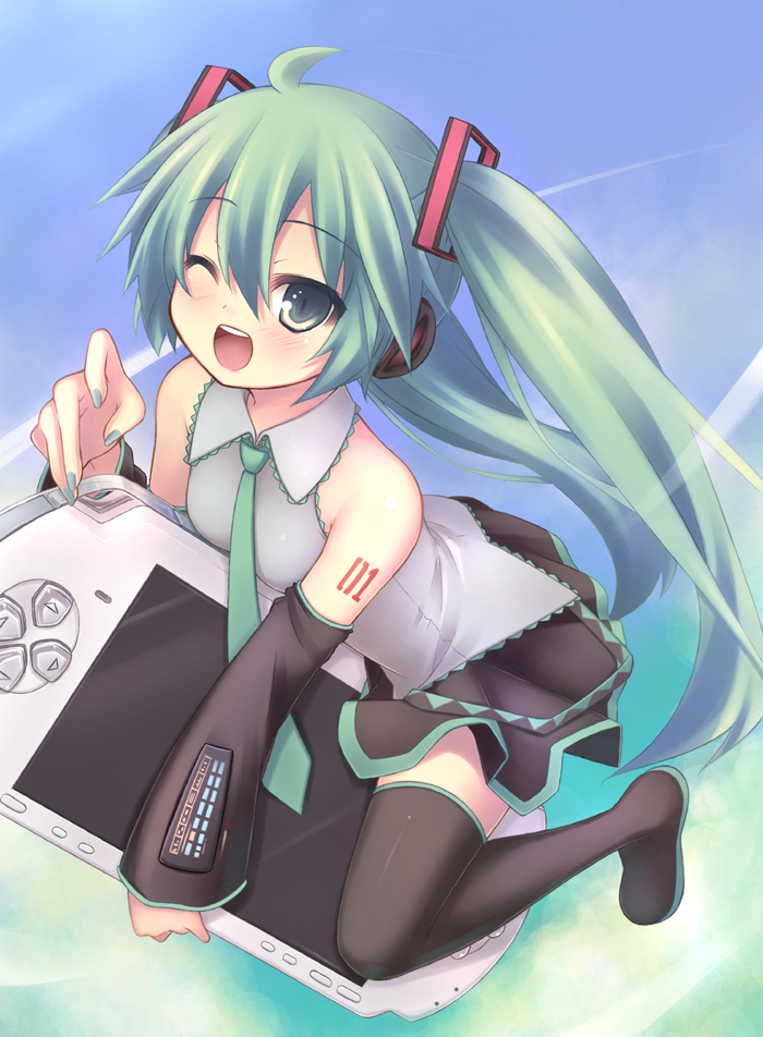 ryo (botugo), hatsune miku, vocaloid, bad id, bad pixiv id, 1girl, aqua eyes, black thighhighs, blue hair, boots, detached sleeves, female focus, handheld game console, nail polish, one eye closed, open mouth, playstation portable, solo, thigh boots, thighhighs, twintails, wink, zettai ryouiki