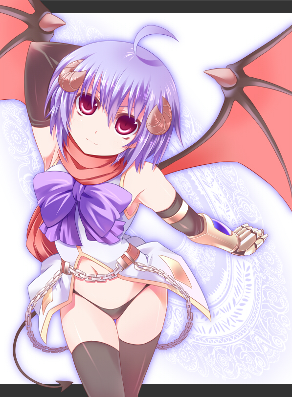 chibi (nekomimimi), bad id, bad pixiv id, bat wings, black panties, bottomless, horns, no pants, panties, purple hair, red eyes, solo, tail, thighhighs, underwear, wings