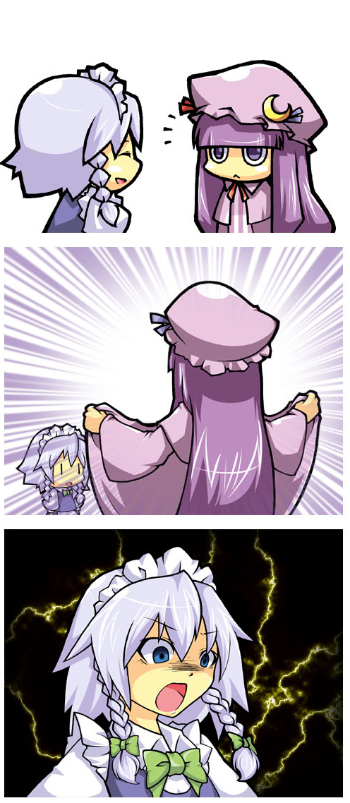 ekus (xo ekus), shuushokuna ekus, izayoi sakuya, patchouli knowledge, touhou, 2girls, :<, blunt bangs, female focus, flashing, lightning, multiple girls, no nose, surprised, | |