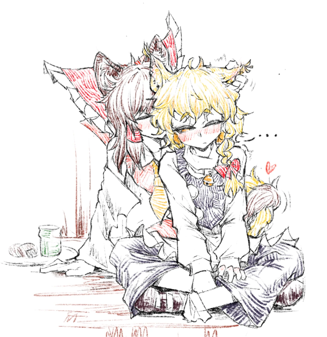 hakurei reimu, kirisame marisa, touhou, chinese commentary, commentary request, 2girls, animal ears, apron, ascot, bell, black skirt, black vest, blonde hair, blush, bow, braid, brown hair, cat ears, cat girl, cat tail, closed eyes, closed mouth, detached sleeves, facing viewer, frilled bow, frilled hair tubes, frills, hair bow, hair tubes, hand on another's ear, intertwined tails, kemonomimi mode, long hair, long sleeves, mary janes, multiple girls, no headwear, one eye closed, petting, red bow, red skirt, shoes, side braid, single braid, skirt, skirt set, socks, tail, vest, waist apron, white apron, white socks, xiao'an de kaoroufan, yellow ascot, yuri