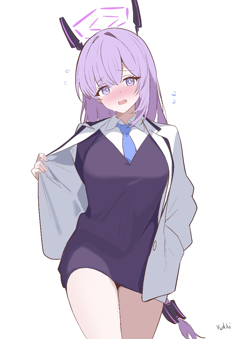 yukki83130530, utaha (blue archive), blue archive, commentary, 1girl, :o, alternate costume, artist name, black dress, blue necktie, blush, bright pupils, dress, flying sweatdrops, halo, hand in pocket, jacket, long hair, looking at viewer, low-tied long hair, necktie, nose blush, purple eyes, purple hair, shirt, simple background, solo, thighs, v-shaped eyebrows, very long hair, white background, white jacket, white pupils, white shirt