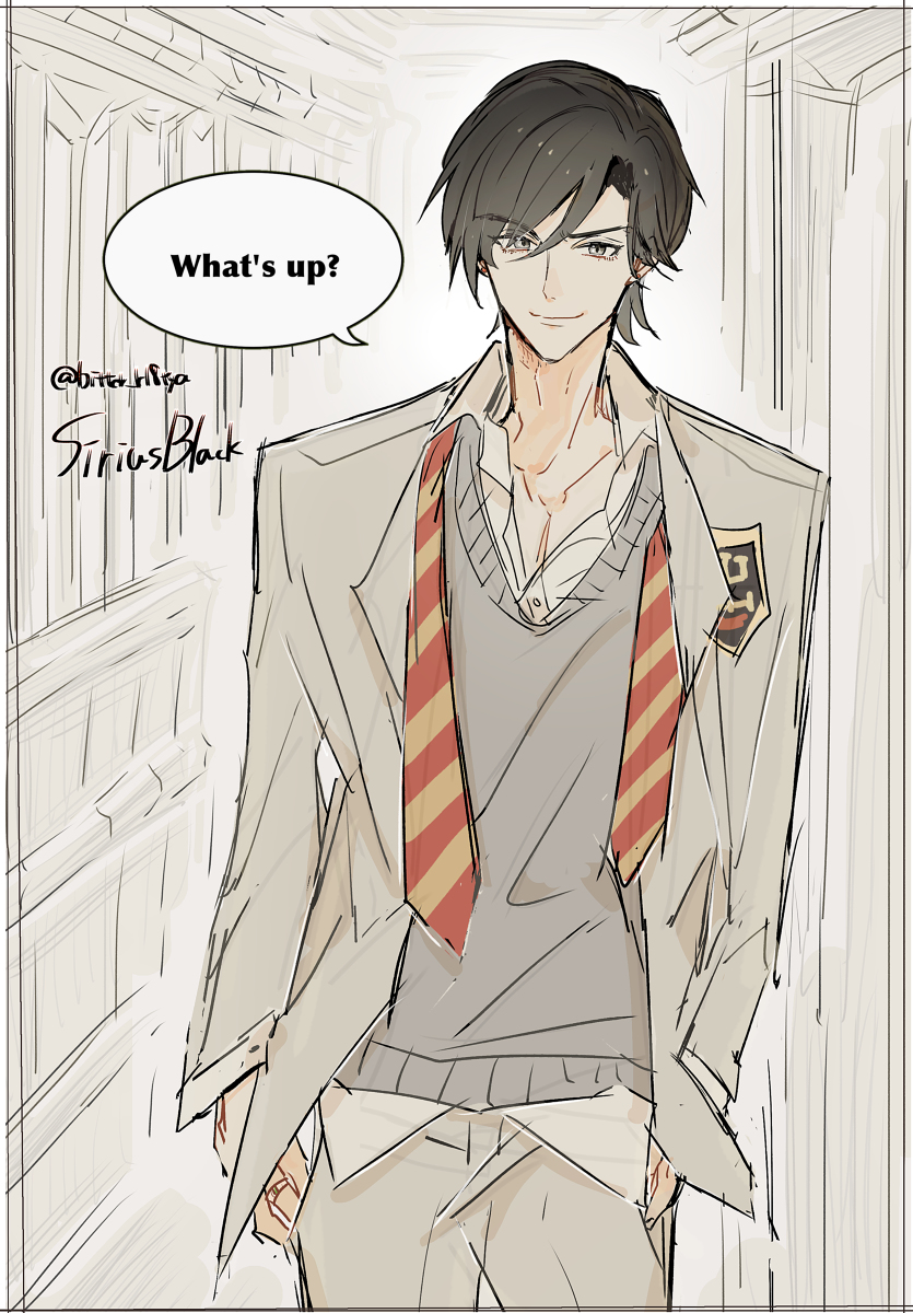 bitter r18tya, sirius black, harry potter (series), wizarding world, 1boy, black hair, character name, closed mouth, collarbone, earrings, english text, eyebrows hidden by hair, formal clothes, grey eyes, hair between eyes, hands in pockets, jewelry, looking at viewer, male focus, necktie, pectorals, ring, school uniform, smirk, solo, speech bubble, standing, striped necktie, suit, sweater, twitter username, undone necktie