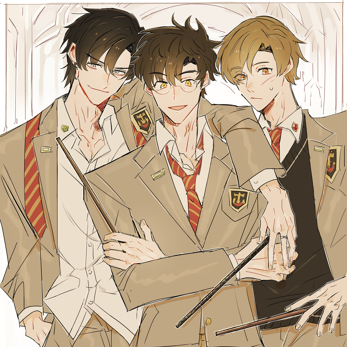 bitter r18tya, james potter, remus lupin, sirius black, harry potter (series), wizarding world, 3boys, arm around shoulder, badge, black hair, brown eyes, brown hair, closed mouth, collar, crossed arms, earrings, eyebrows hidden by hair, eyelashes, eyes visible through hair, facial scar, formal clothes, glasses, grey eyes, hand in pocket, holding, holding wand, jewelry, looking at viewer, male focus, messy hair, multiple boys, necktie, open mouth, orange eyes, pectorals, ring, scar, scar on cheek, scar on face, school uniform, shirt, short hair, striped necktie, suit, sweat, sweatdrop, sweater, undone necktie, wand, wing collar