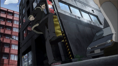 orihara izaya, durarara!!, animated, animated gif, lowres, 1boy, black hair, cellphone, crazy, jacket, laughing, male focus, motor vehicle, phone, short hair, stomping, van, violence