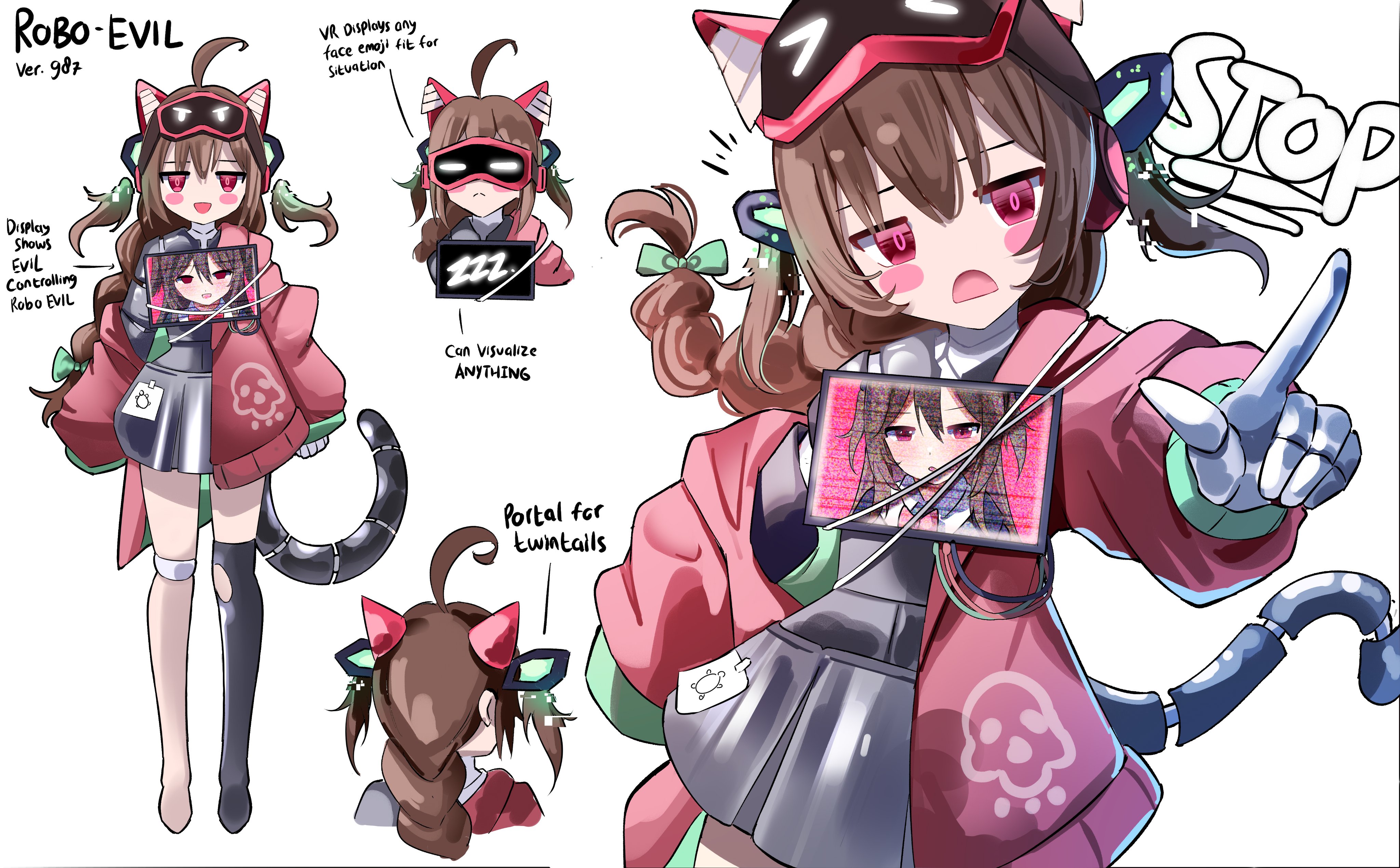 rokusketch, evil neuro-sama, neuro-sama, vedal ai, absurdres, commentary, english commentary, highres, > <, 1girl, :d, :o, ahoge, alternate costume, animal ears, asymmetrical legwear, blush stickers, bow, braid, brown hair, cardigan, cat ears, cat tail, display, fake animal ears, film grain, full body, green bow, hair bow, headgear, jitome, looking at viewer, mechanical arms, mechanical tail, monitor, notice lines, off-shoulder cardigan, open mouth, pink cardigan, pink eyes, pointing, reference sheet, robot girl, single braid, sleeping, sleeves past fingers, sleeves past wrists, smile, standing, tachi-e, tail, through portal, turtle, two side up, zzz