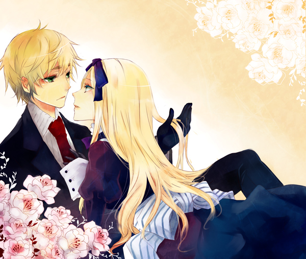 apt, belarus (hetalia), united kingdom (hetalia), axis powers hetalia, bad id, bad pixiv id, 1boy, 1girl, blonde hair, couple, dress, eye contact, flower, formal clothes, gloves, hair ribbon, hetero, long hair, looking at another, necktie, ribbon, short hair, striped ribbon, suit