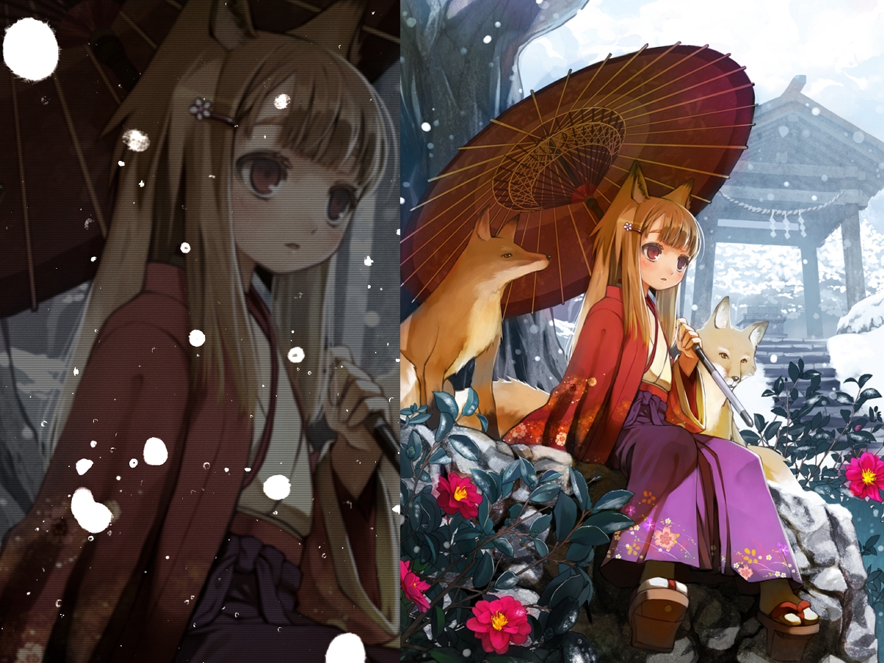 shiden, original, looking away, non-web source, third-party edit, 1girl, animal ears, brown hair, day, female focus, flower, fox, fox ears, fox tail, hair ornament, hairclip, japanese clothes, long hair, oil-paper umbrella, outdoors, parasol, red eyes, sitting, snow, solo, tail, umbrella, zoom layer