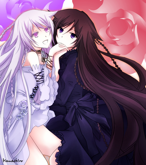 hanashiro, alice (pandora hearts), will of the abyss, pandora hearts, bad id, bad pixiv id, 00s, 2girls, braid, brown hair, holding hands, long hair, multiple girls, pink eyes, purple eyes, very long hair, white hair