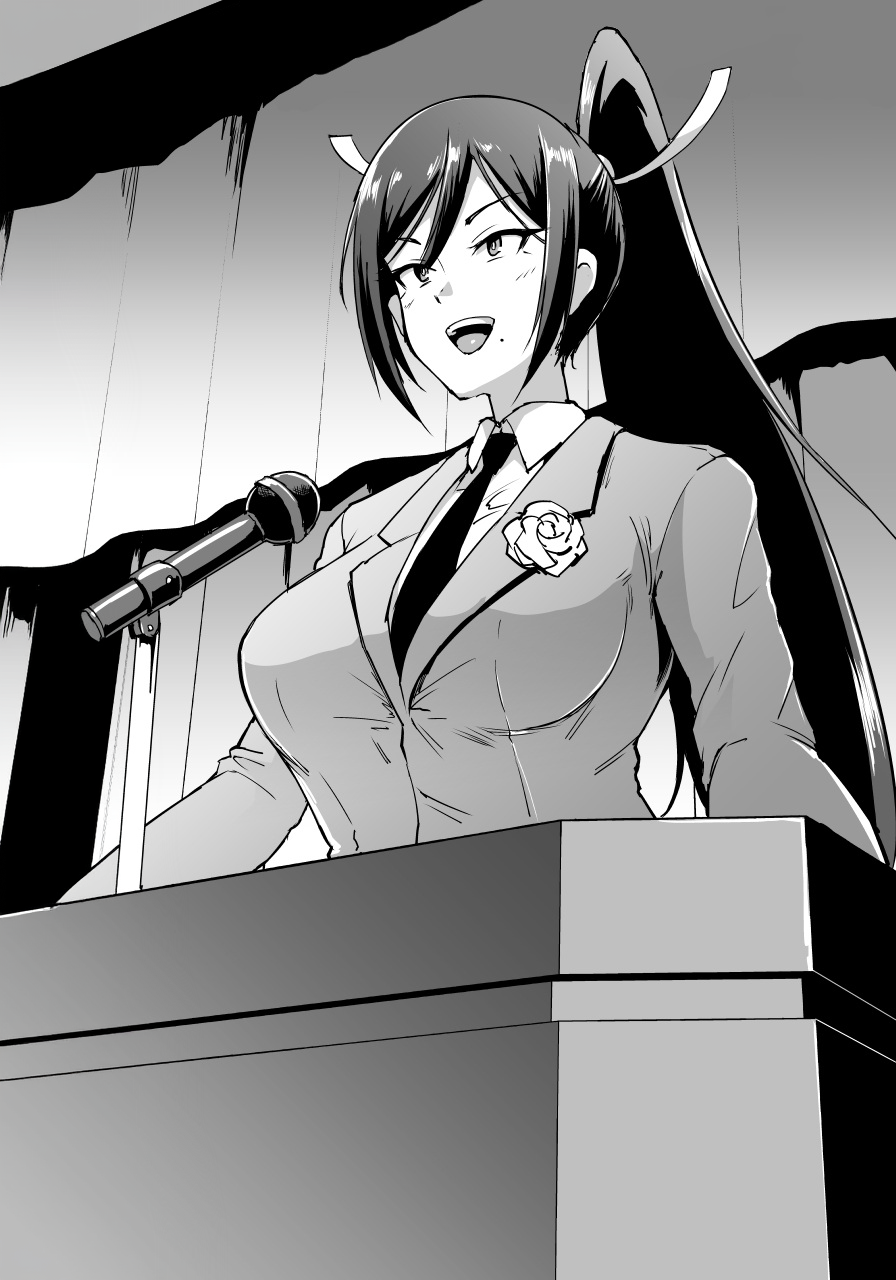 fan no hitori, kumashiro reika, jk taimabu, 1girl, arms on table, blazer, blush, carnation, curtains, flower, from below, hair between eyes, hair ornament, hair ribbon, high ponytail, jacket, long hair, microphone, mole, mole under mouth, necktie, open mouth, ponytail, ribbon, school uniform, shirt, sidelocks, smile, teeth, upper body, upper teeth only, white ribbon