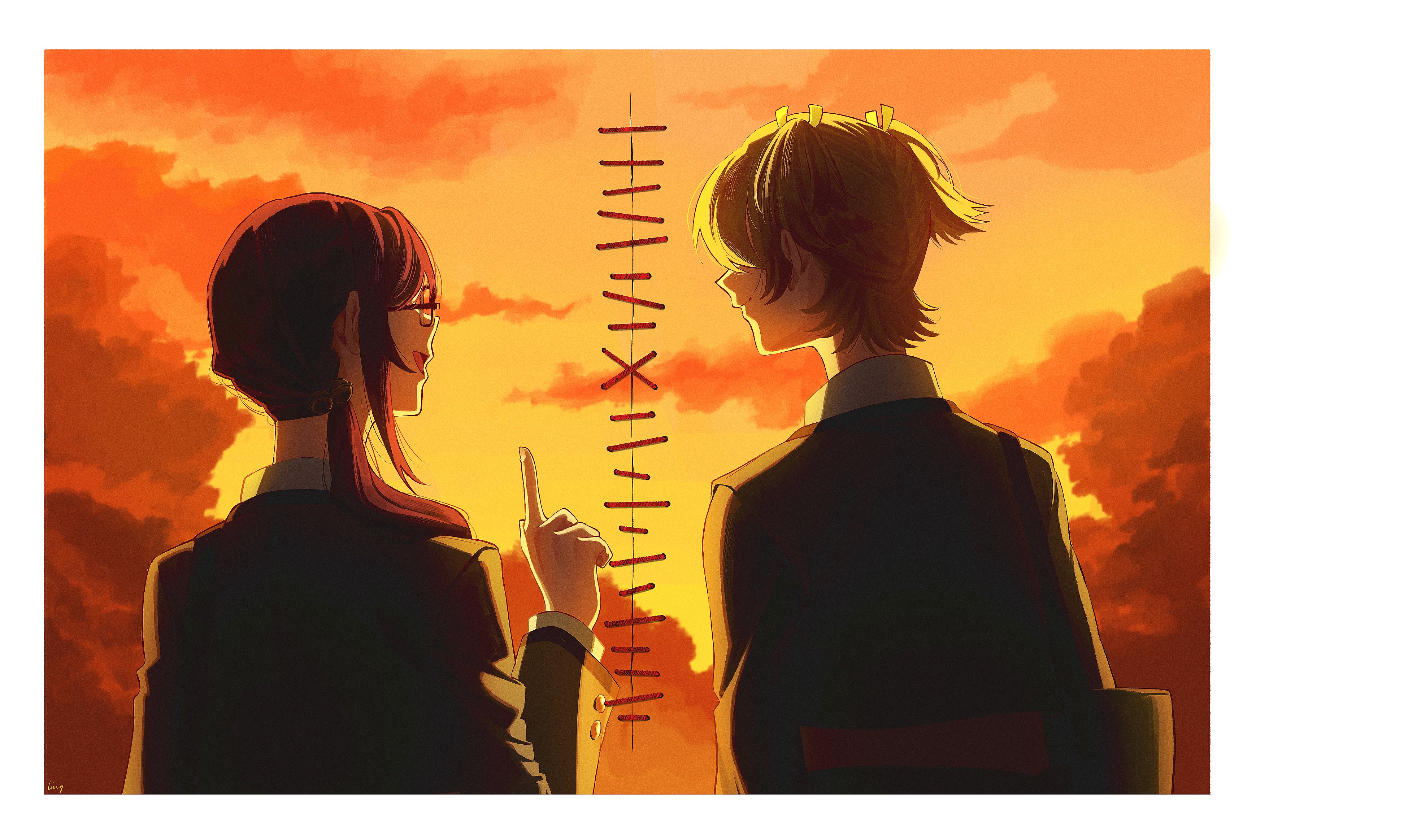 ling (chaaaaanhikari), daiba nana, hoshimi junna, shoujo kageki revue starlight, absurdres, commentary, english commentary, highres, 2girls, arm at side, arms at sides, artist name, backlighting, bag, bell, black-framed eyewear, blonde hair, border, closed mouth, cloud, evening, fingernails, from behind, glasses, grey jacket, hair bell, hair ornament, hair over eyes, hair ribbon, hand up, holding, holding bag, index finger raised, jacket, jingle bell, low side ponytail, multiple girls, open mouth, orange sky, outdoors, photo (object), purple hair, ribbon, school uniform, seishou music academy uniform, short hair, short sleeves, short twintails, side ponytail, sky, smile, stitches, tree, twintails, white border, yellow ribbon