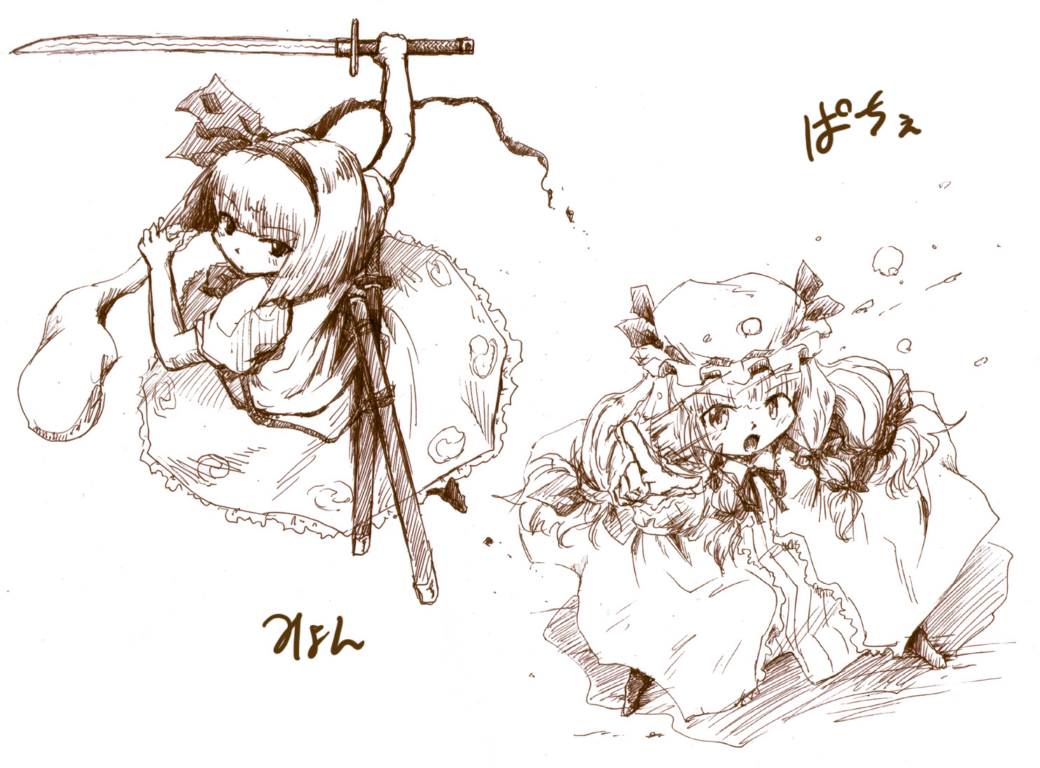 futatsuki hisame, konpaku youmu, konpaku youmu (ghost), patchouli knowledge, touhou, 2girls, brown theme, female focus, hitodama, monochrome, multiple girls, sketch