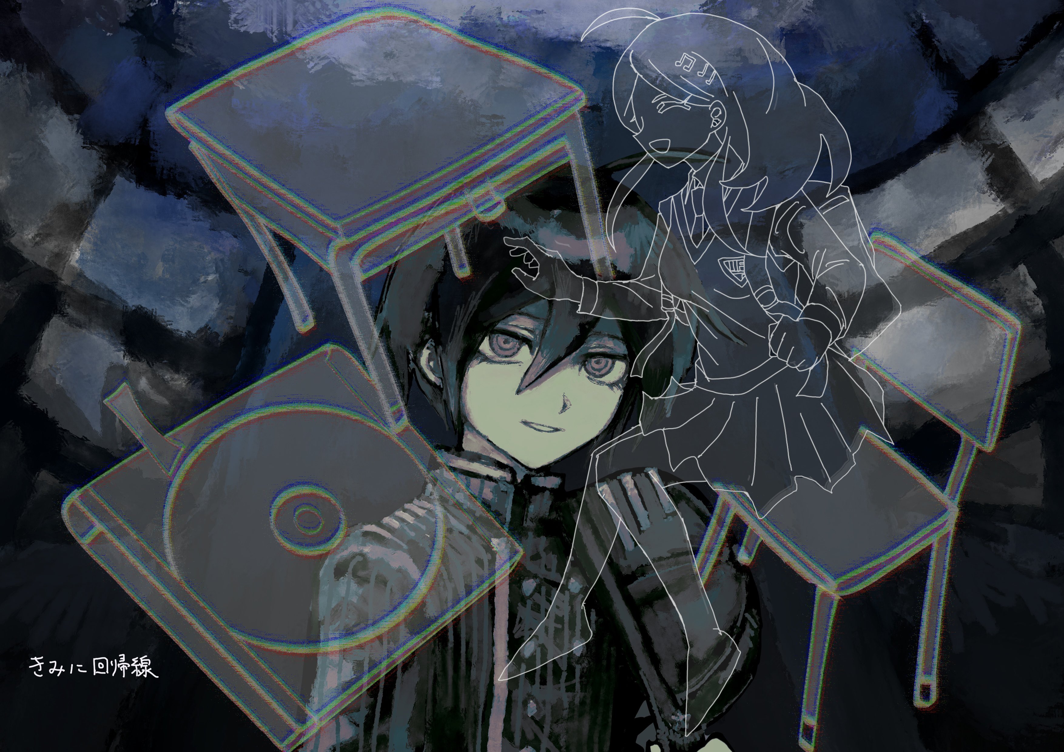 s4km73, akamatsu kaede, saihara shuichi, danganronpa (series), danganronpa v3: killing harmony, absurdres, highres, translation request, 1boy, 1girl, ahoge, black hair, black jacket, breasts, buttons, cd, chair, collared jacket, collared shirt, crest, desk, fortissimo, hair between eyes, hair ornament, happy, jacket, long hair, long sleeves, looking at viewer, musical note, musical note hair ornament, muted color, necktie, on chair, open mouth, pinstripe jacket, pinstripe pattern, pleated skirt, ringed eyes, school desk, shirt, short hair, sitting, skirt, smile, striped clothes, striped jacket, sweater vest, transparent