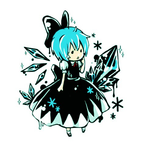 dlei, cirno, touhou, 1girl, black shoes, blouse, blue hair, chibi, female focus, full body, ice, shirt, shoes, socks, solo, white background, white shirt, white socks