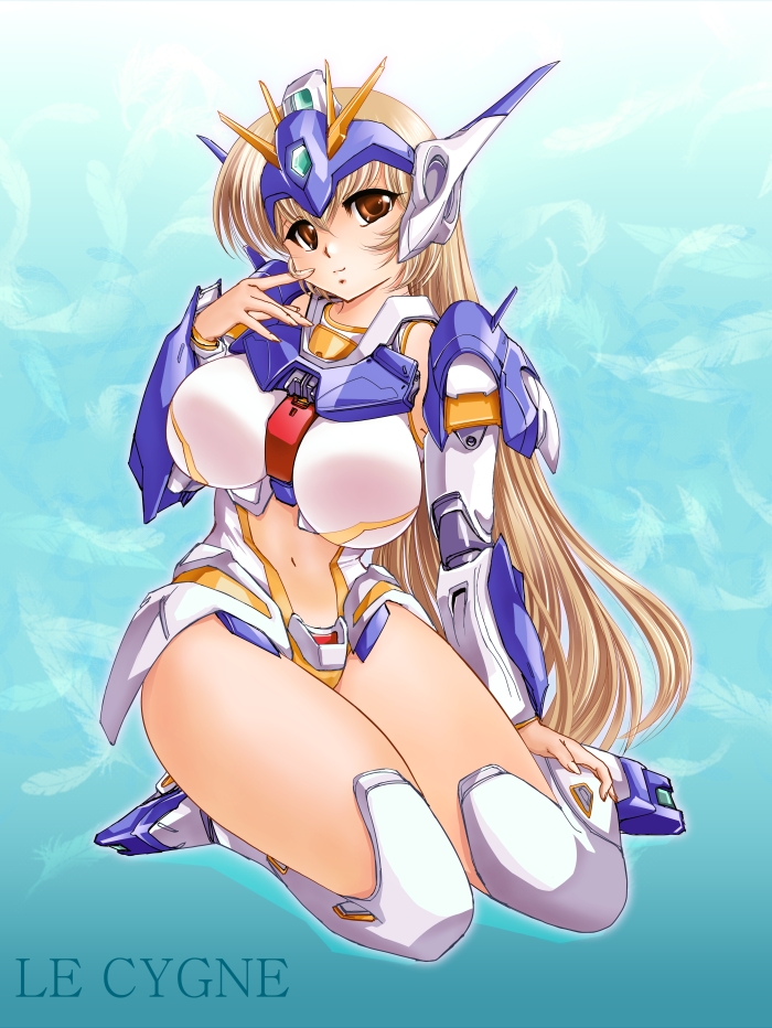mori chu, le cygne, ecole du ciel, gundam, 1girl, blonde hair, breasts, brown eyes, feathers, female focus, french text, huge breasts, kneeling, large breasts, legs, long hair, mecha musume, navel, solo, thighs, very long hair