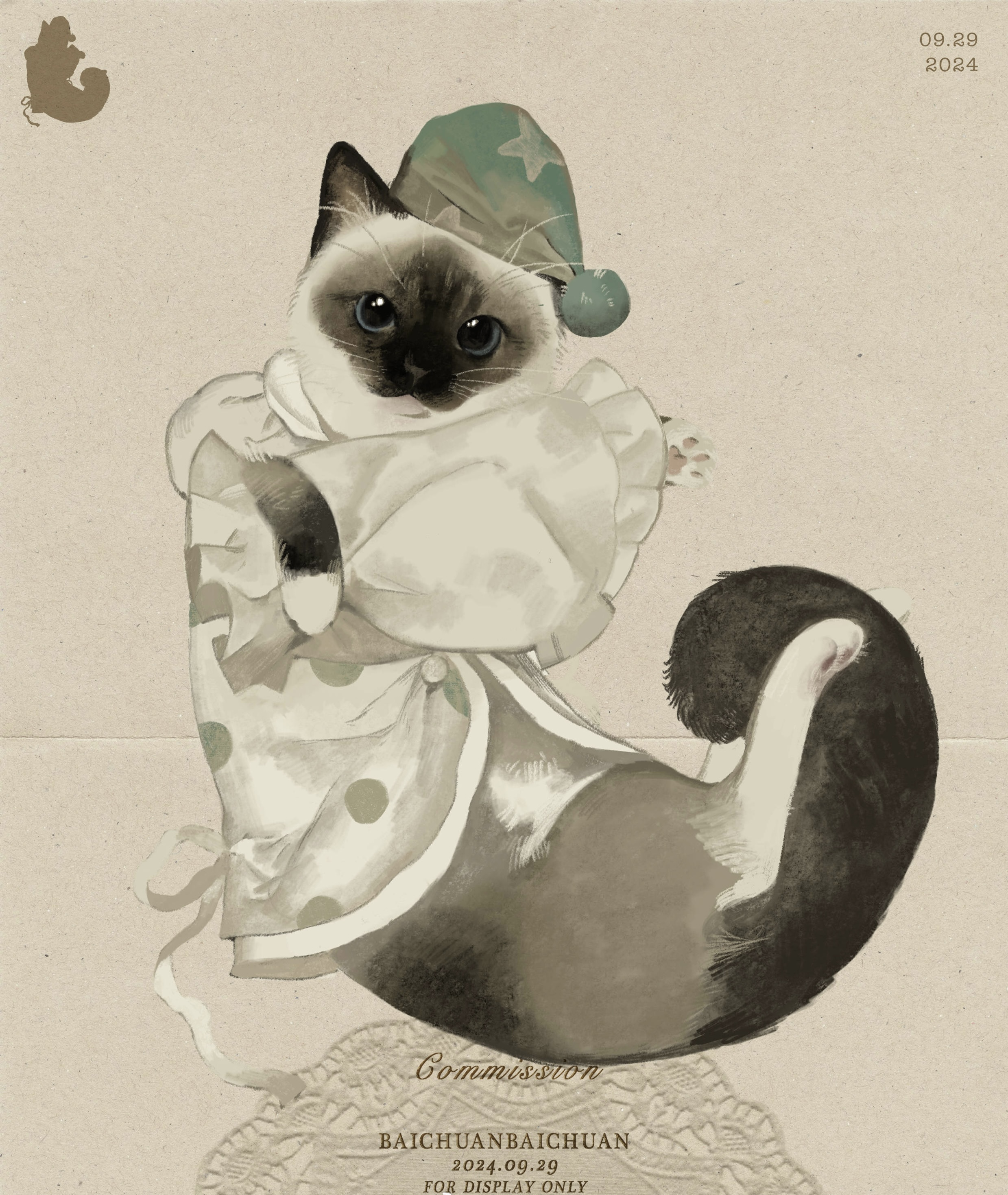 baichuan baichuan, original, absurdres, commission, highres, mihuashi commission, animal, animal focus, blue eyes, blue hat, cat, colorpoint (pattern), hat, looking at viewer, nightcap, pillow, ribbon, siamese cat, watermark, whiskers, white ribbon