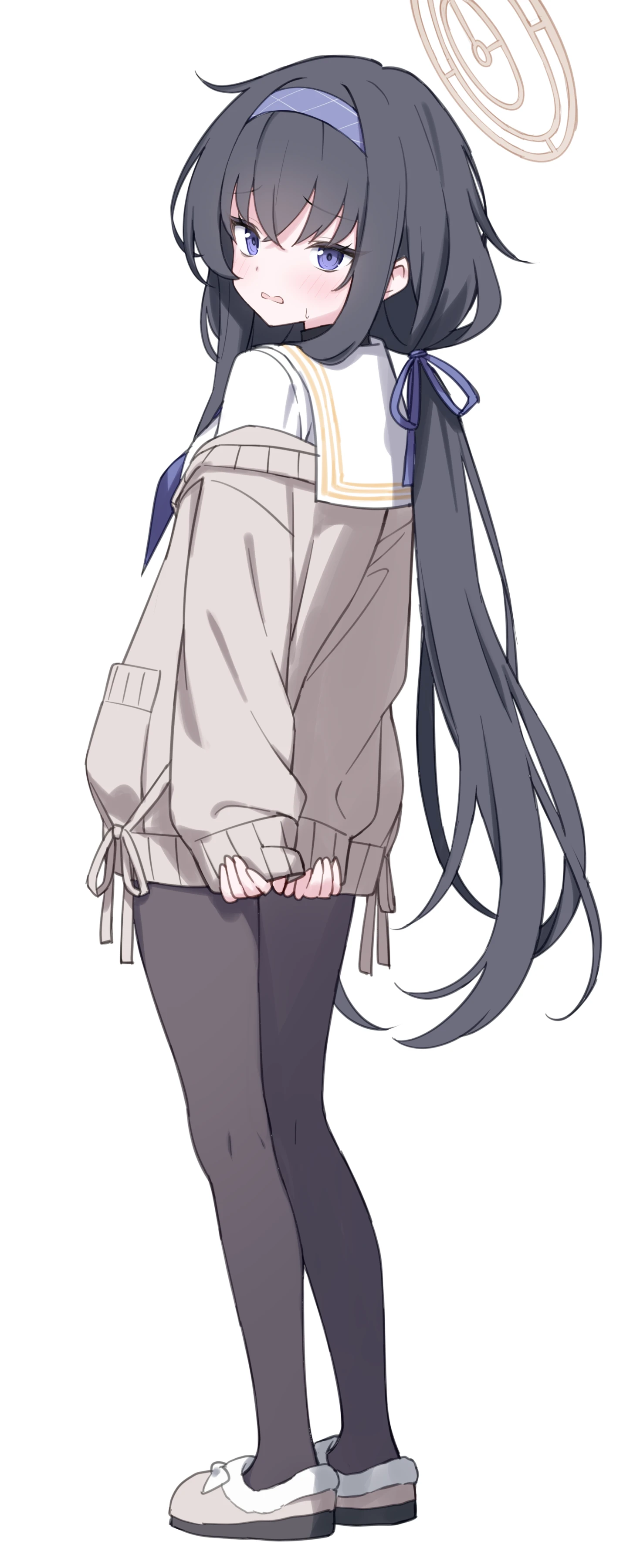jyt, ui (blue archive), blue archive, absurdres, chinese commentary, commentary request, highres, making-of available, painttool sai (medium), partial commentary, 1girl, arms behind back, black hair, black pantyhose, blush, brown cardigan, brown slippers, cardigan, crossed bangs, embarrassed, from side, full body, hair between eyes, hair ribbon, hairband, halo, long hair, long sleeves, looking at viewer, looking back, low twintails, neckerchief, no pants, off shoulder, pantyhose, parted lips, pinching sleeves, pocket, purple eyes, purple hairband, purple neckerchief, purple ribbon, ribbon, sailor collar, school uniform, serafuku, shirt, sidelocks, simple background, sleeves past wrists, slippers, solo, standing, sweatdrop, turning head, turtleneck, twintails, very long hair, wavy mouth, white background, white sailor collar, white shirt, yellow halo