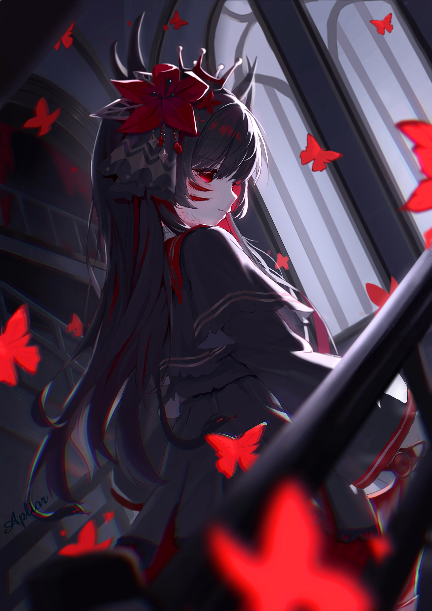 nikaido hiro, mahou shoujo no majo saiban, chinese commentary, commentary request, highres, spoilers, 1girl, aplior, black capelet, black hair, black horns, black shirt, black skirt, blurry, blurry foreground, bug, butterfly, capelet, collared shirt, cracked skin, crown, dark persona, extra horns, flower, from behind, from below, hair flower, hair ornament, horns, indoors, insect, long hair, long sleeves, looking at viewer, looking back, parted lips, profile, railing, red butterfly, red eyes, red flower, shirt, skirt, smile, solo, window, witch (manosaba)
